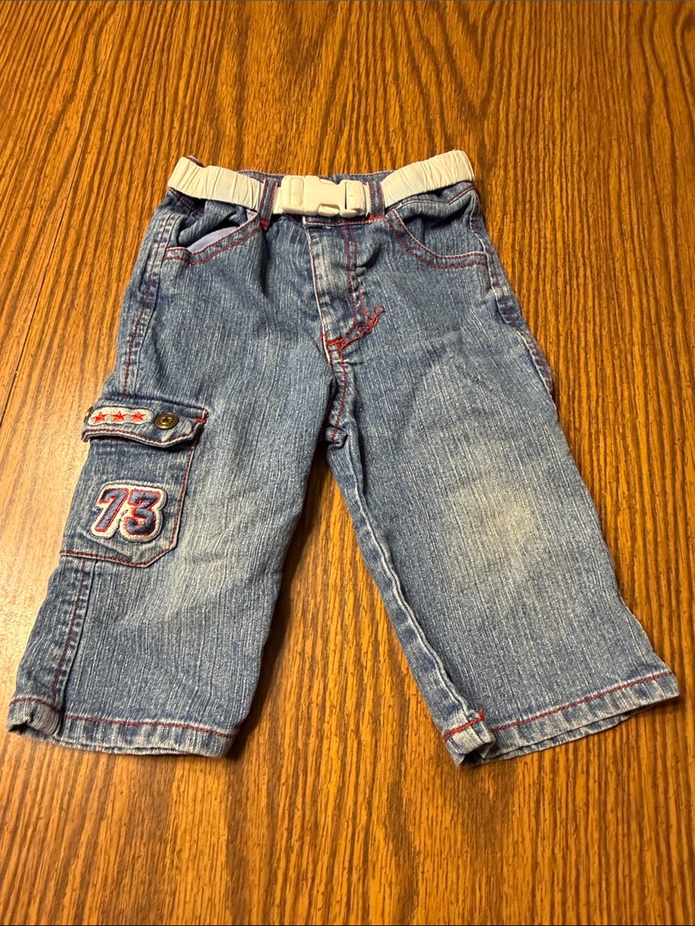 Kids Light Wash Denim Cargo Jeans with White Elastic Belt